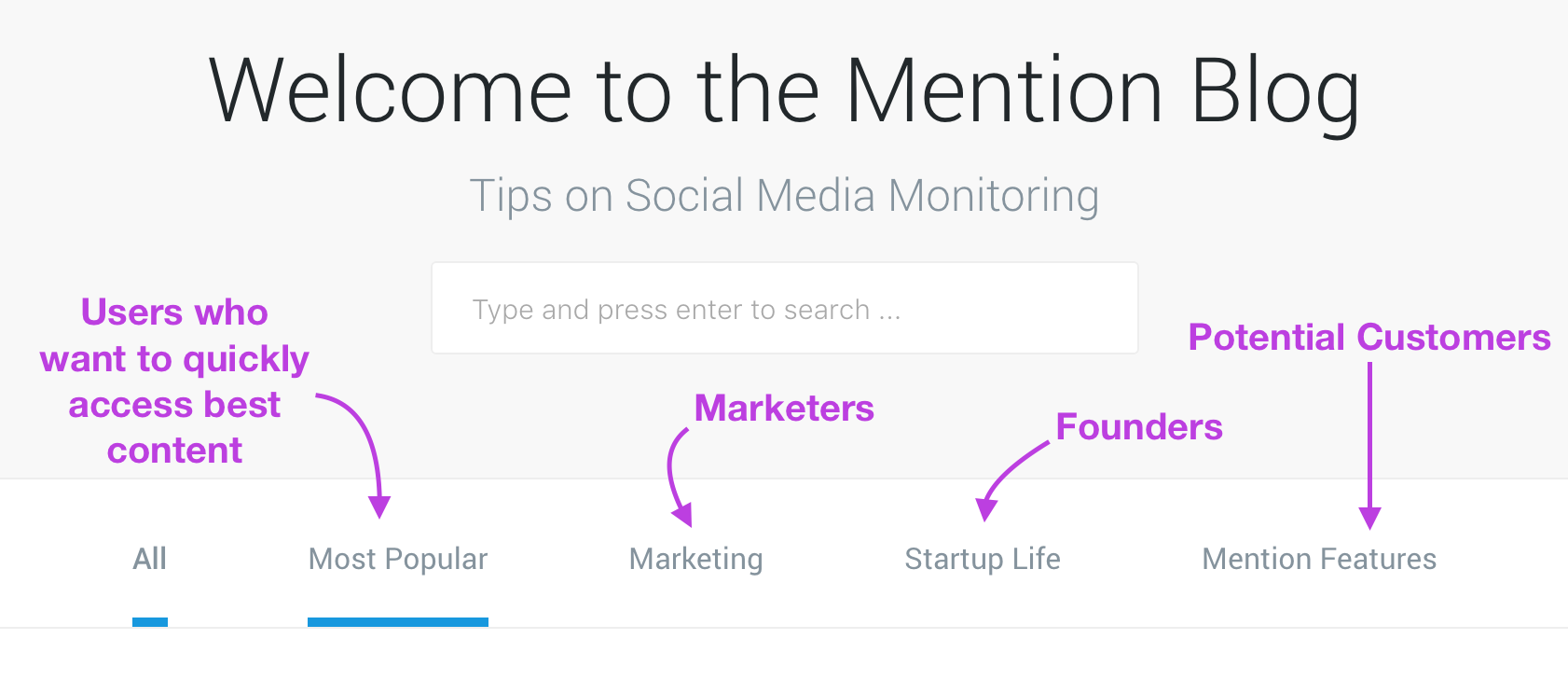 Mention splits its topics into categories